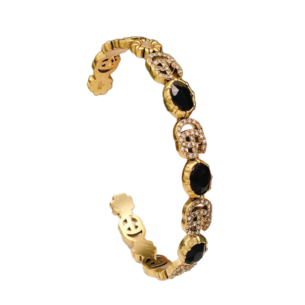 Gucci Double G Flowers Black Crystals Open Cuff Bracelet