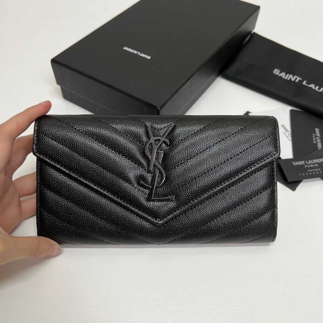 YSL Long Wallet Black Leather Black Tone 10767 19cm