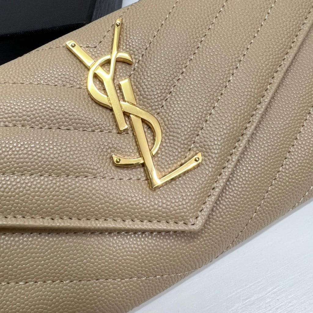 YSL Long Wallet Beige Leather Gold Tone 10772 19cm