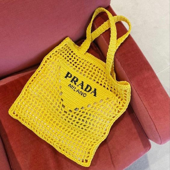 Prada Women's Natural Crochet Tote Bag-Yellow