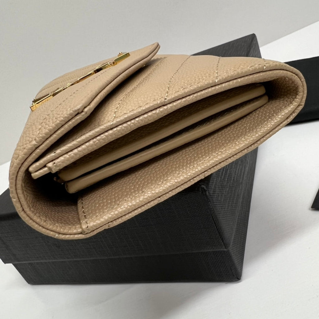 YSL Long Wallet Beige Leather Gold Tone 10772 19cm