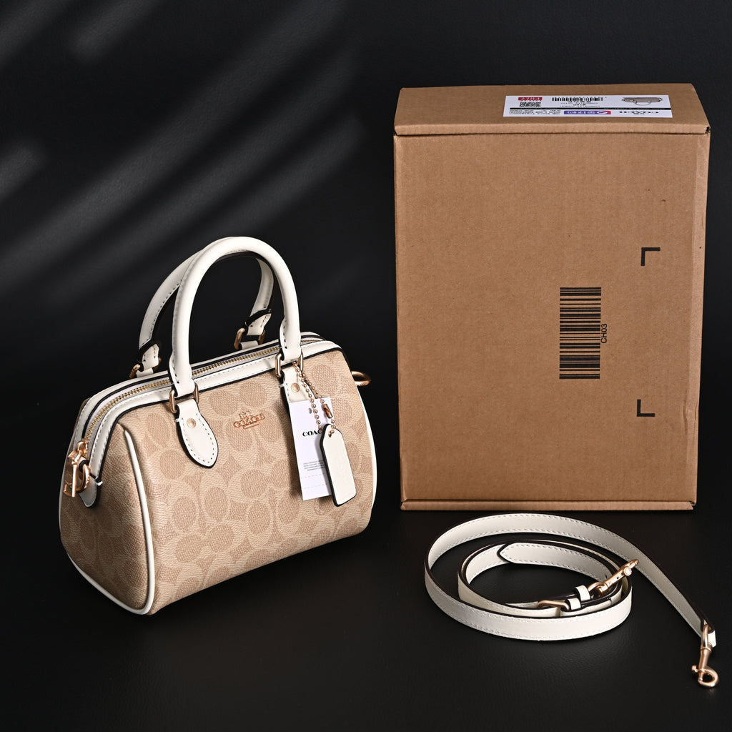 Coach Rowan Satchel – Signature Canvas Top Handle Bag with Crossbody Strap (Khaki/Chalk)