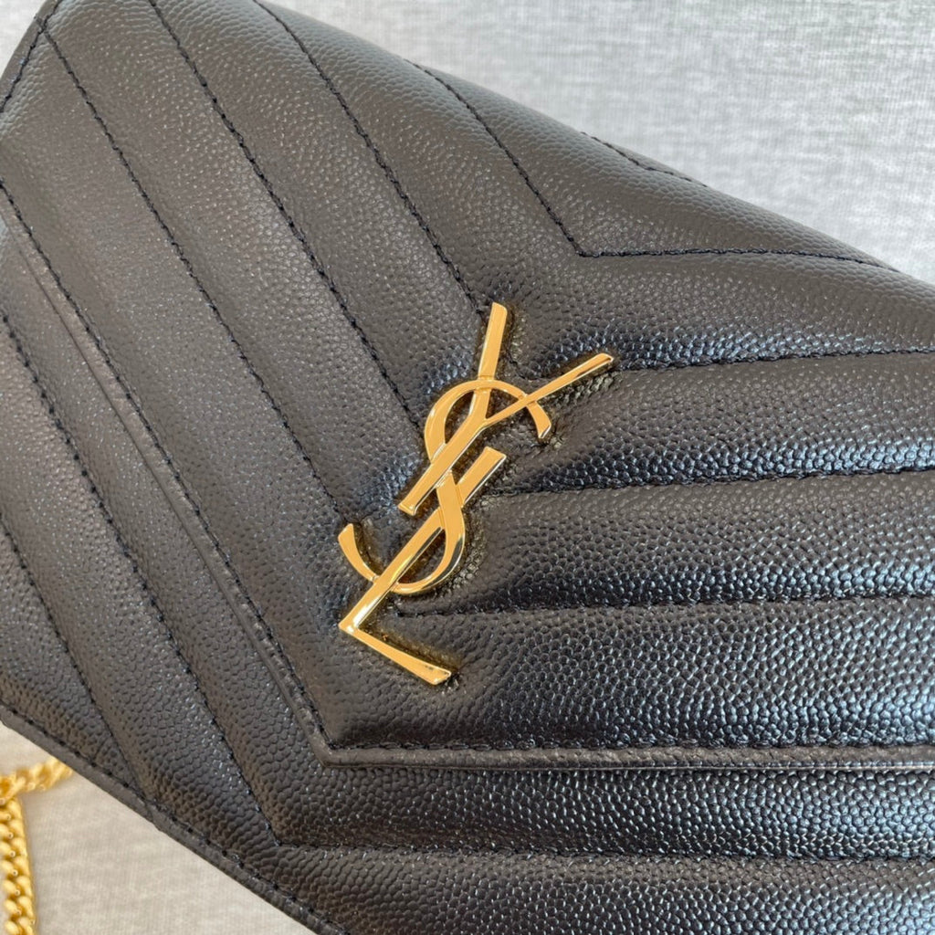 YSL Cassandre Envelope Chain Wallet Black Grain Leather Golden Hardware 19 cm