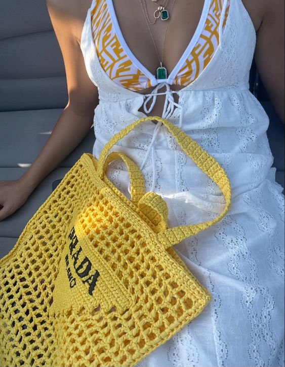 Prada Women's Natural Crochet Tote Bag-Yellow