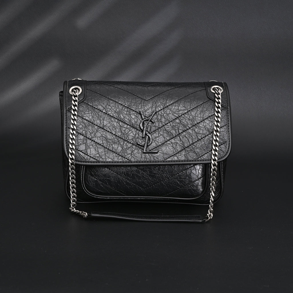 Saint Laurent Niki Medium Black Crinkled Leather Shoulder Bag