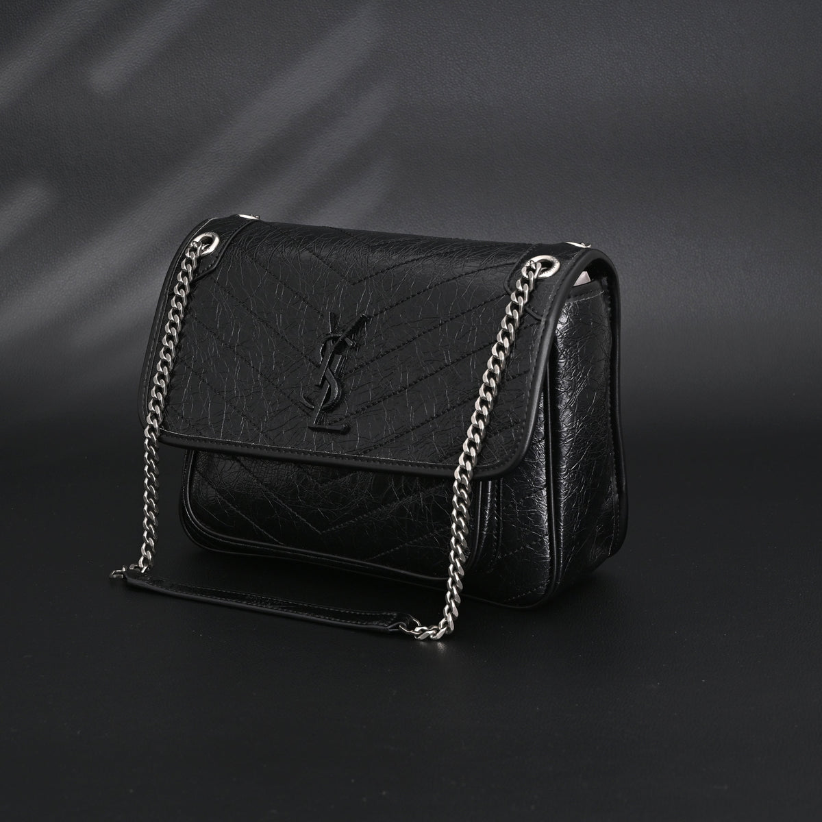 Saint Laurent Niki Medium Black Crinkled Leather Shoulder Bag