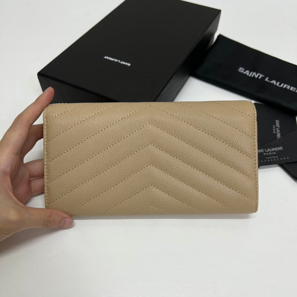 YSL Long Wallet Beige Leather Gold Tone 10772 19cm