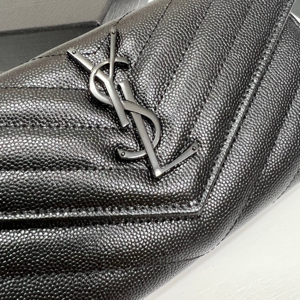 YSL Long Wallet Black Leather Black Tone 10767 19cm