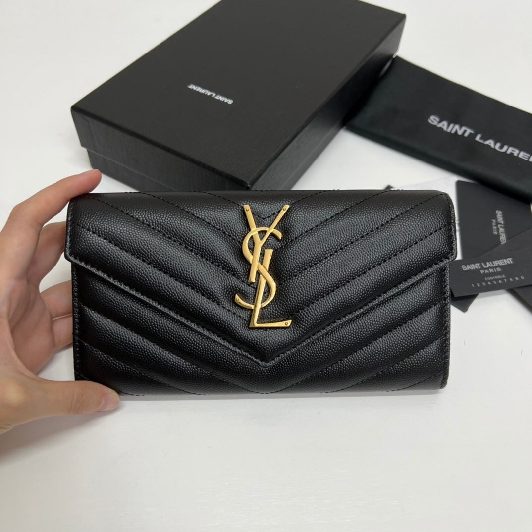 YSL Long Wallet Black Leather Gold Tone 10769 19cm
