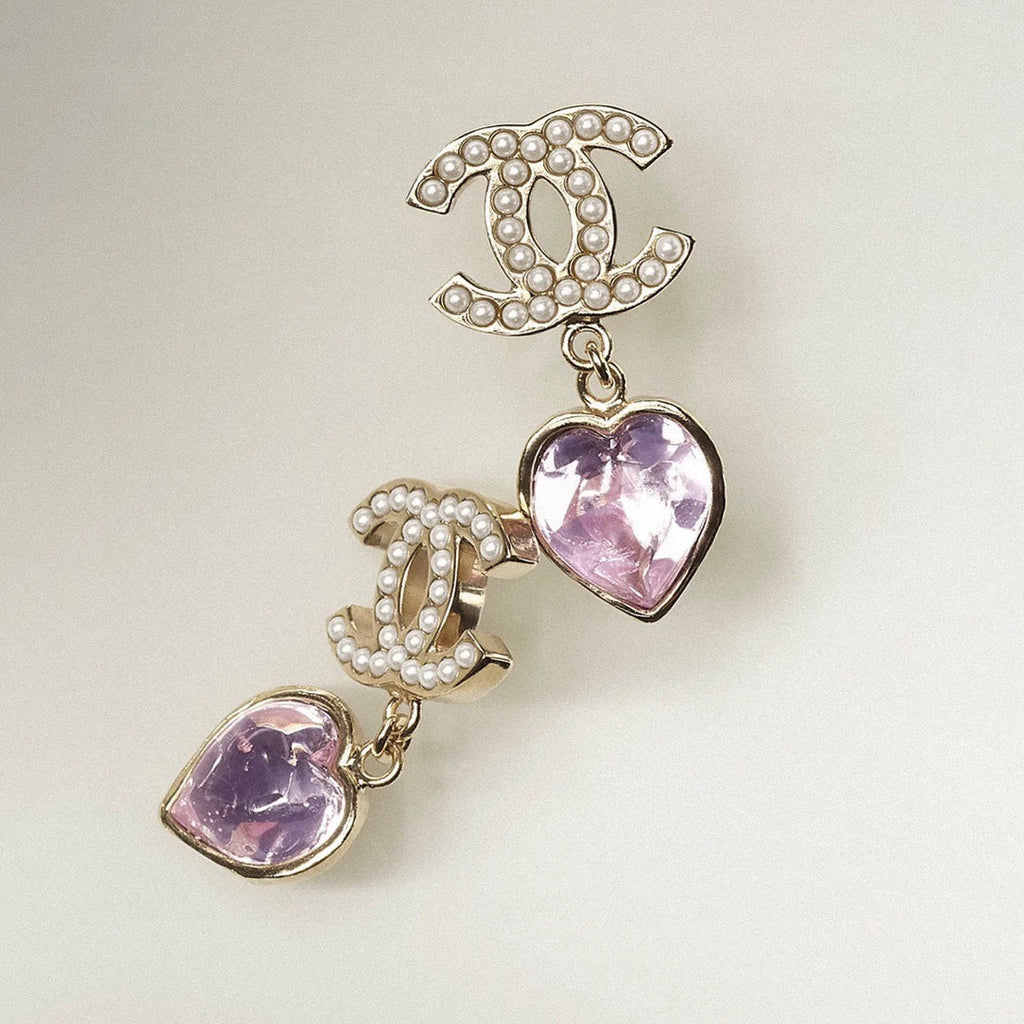 Chanel Pink Heart Crystal Earrings - 18K Yellow Gold
