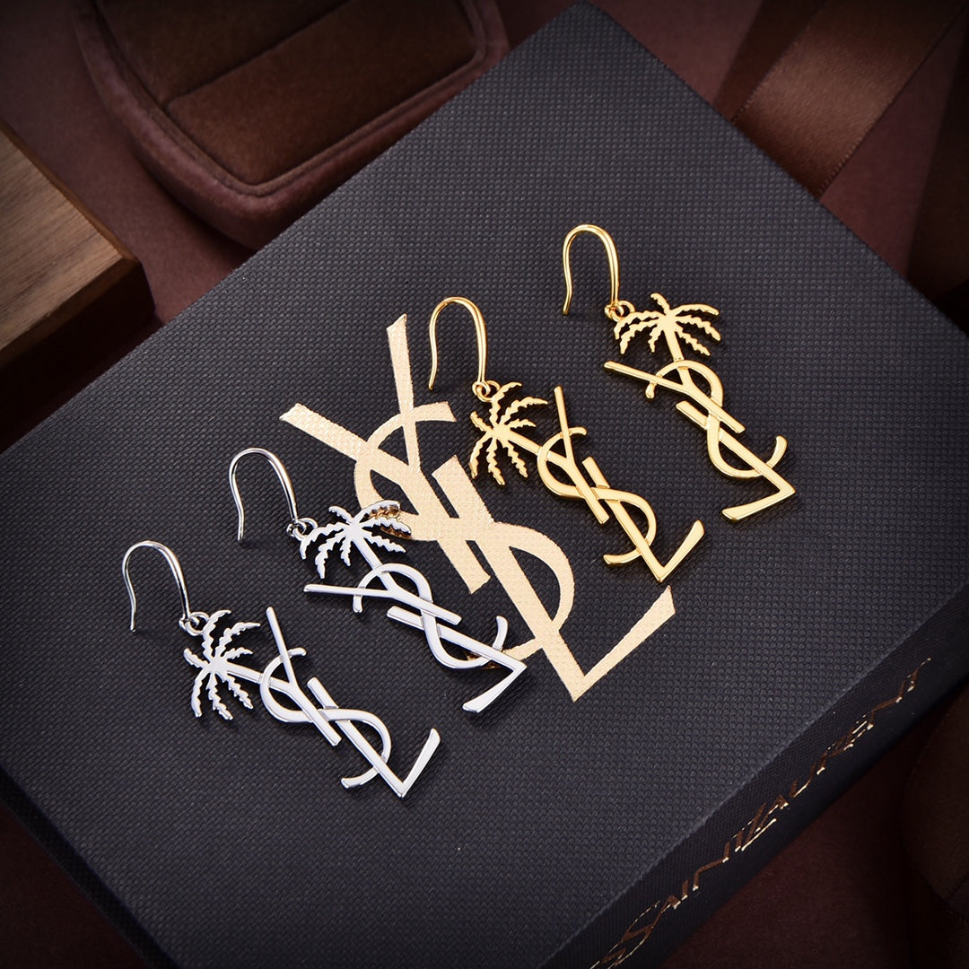 YSL Monogram Palmier Statement Earrings - 18K White Gold