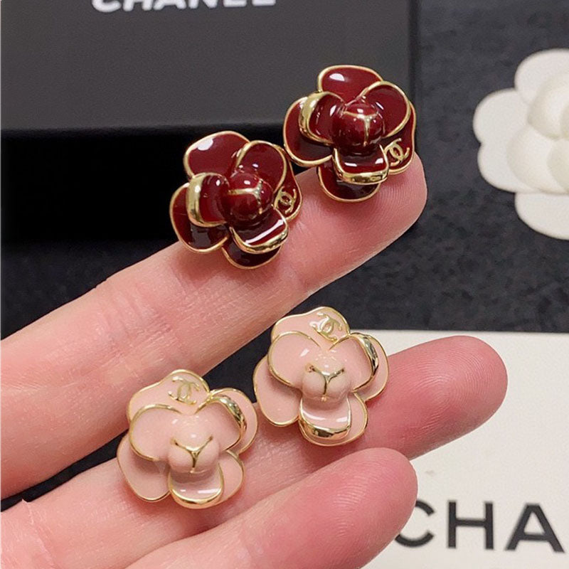 Chanel Red & Pink Camellia Earrings - 18K Yellow Gold