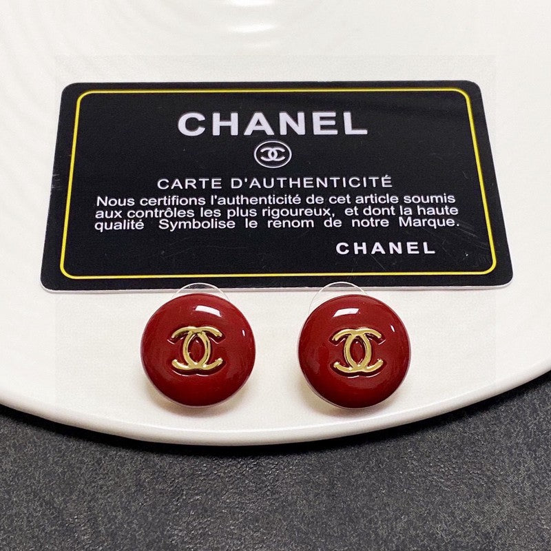 Chanel Wine Red Round Earrings - 18K Yellow Gold