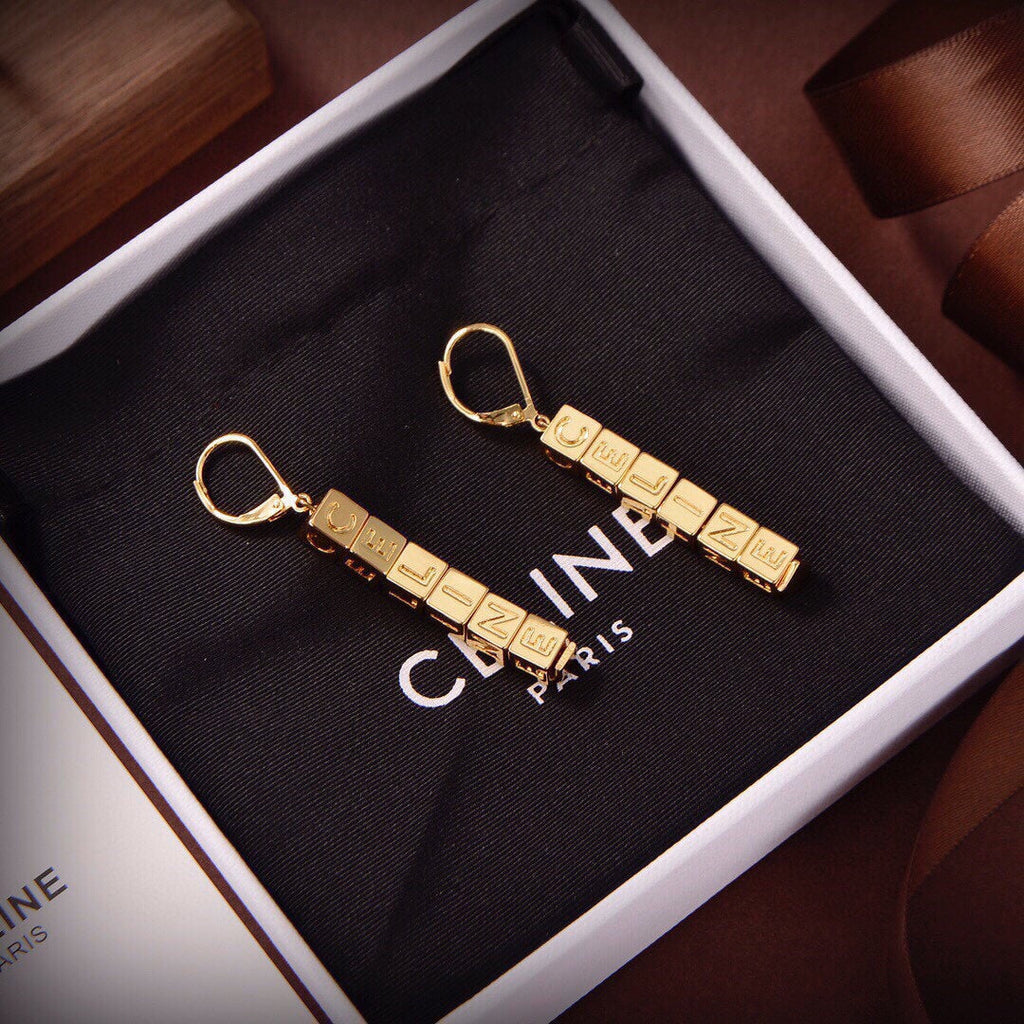 Celine Triomphe Script Cube Earrings - 18K Gold