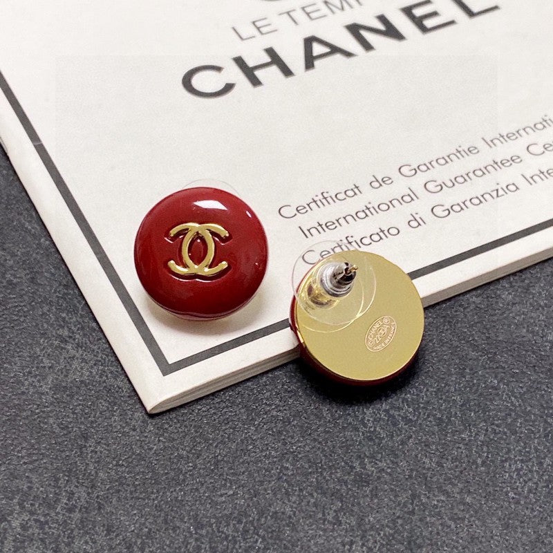 Chanel Wine Red Round Earrings - 18K Yellow Gold
