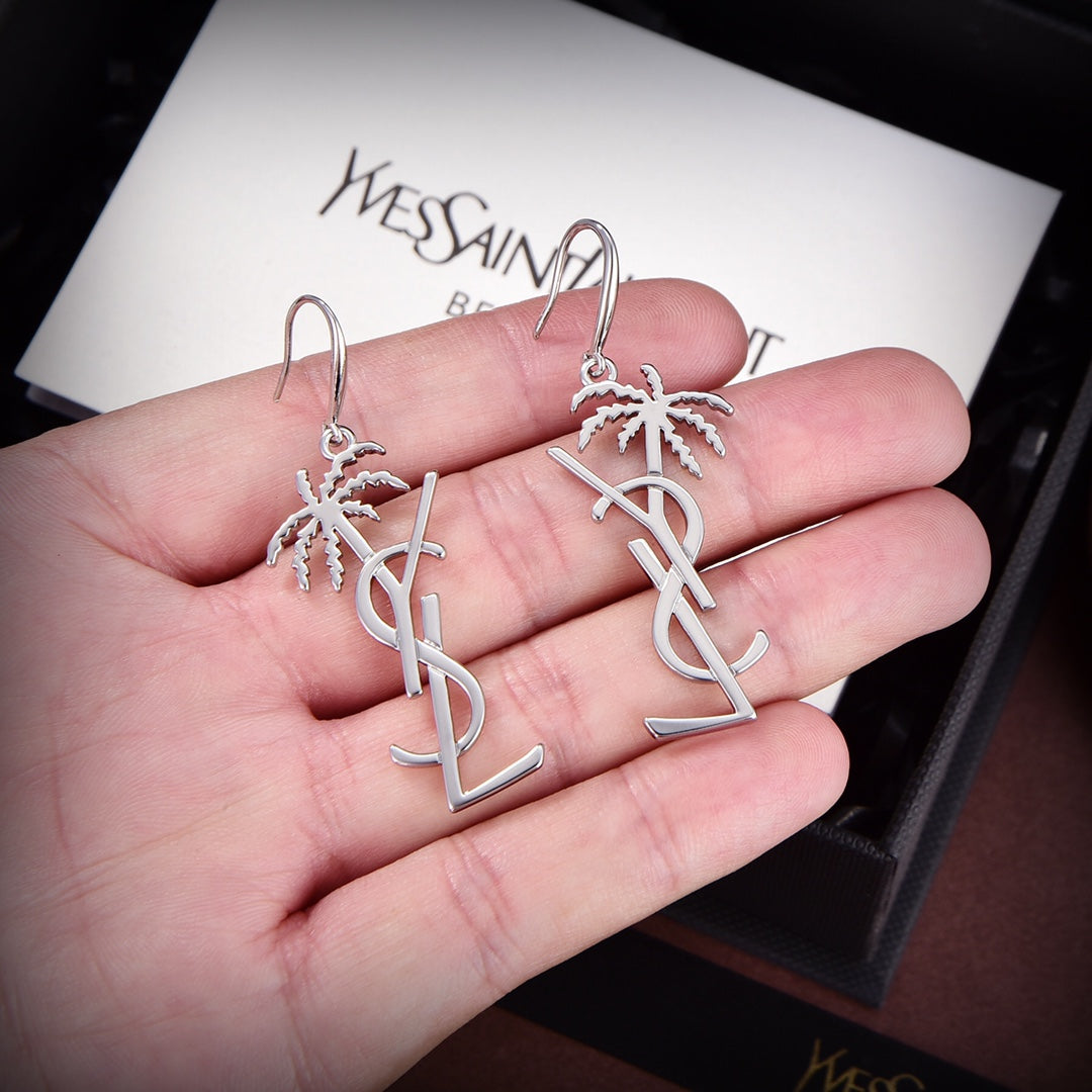 YSL Monogram Palmier Statement Earrings - 18K White Gold