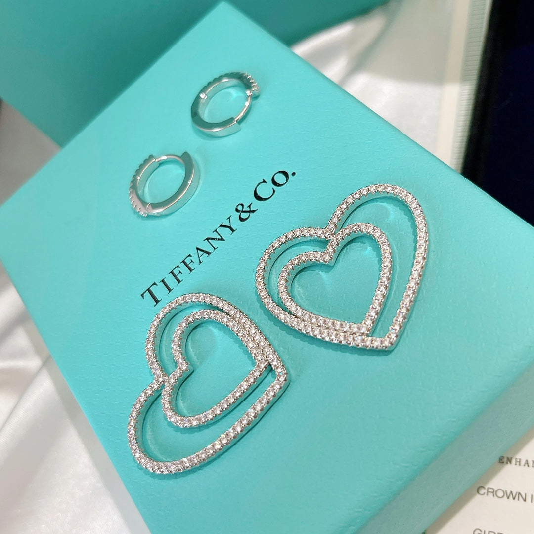 Tiffany Double Heart Diamond Earrings - 18K White Gold