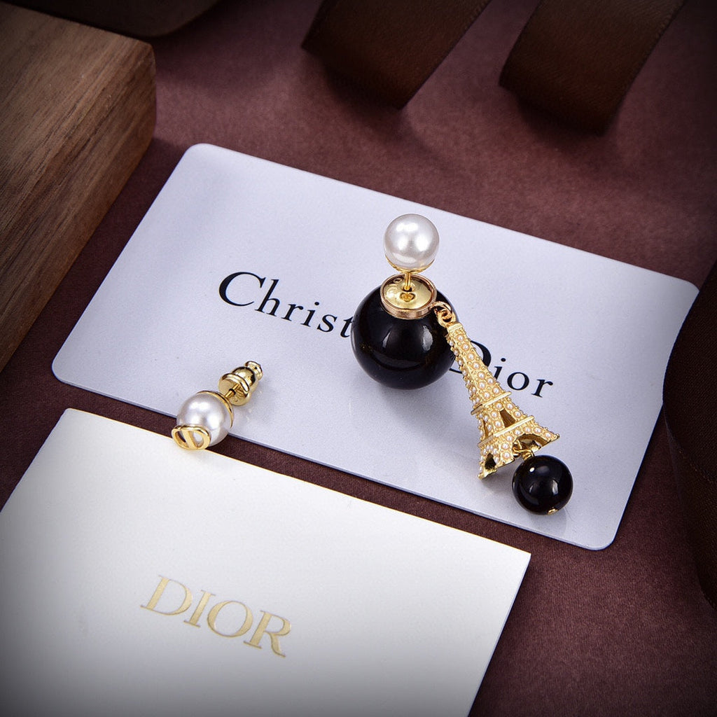Dior Tribales Eiffel Tower Charm Black Pearl Earrings