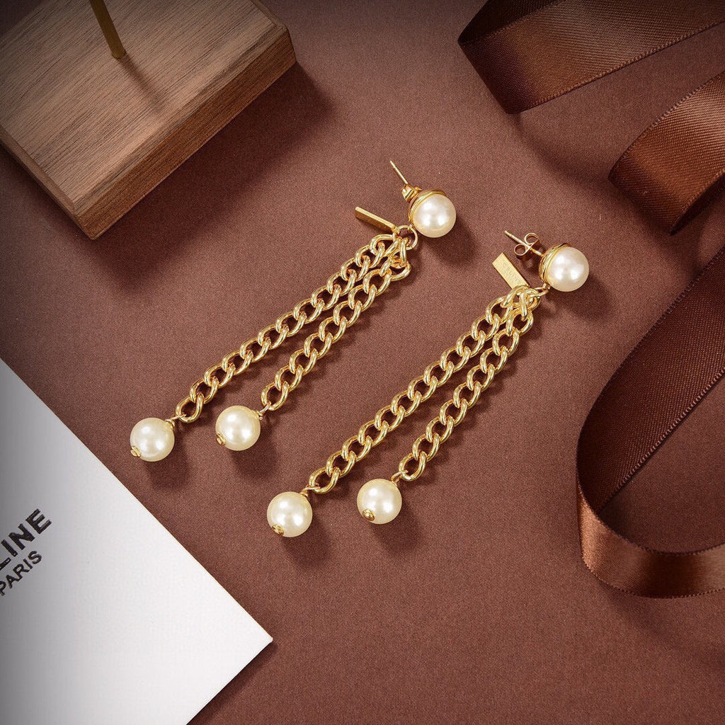 Celine Triomphe Pearls Long Earrings - 18K Yellow Gold