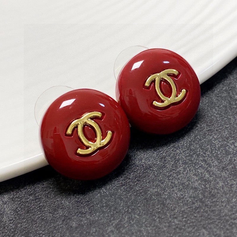 Chanel Wine Red Round Earrings - 18K Yellow Gold