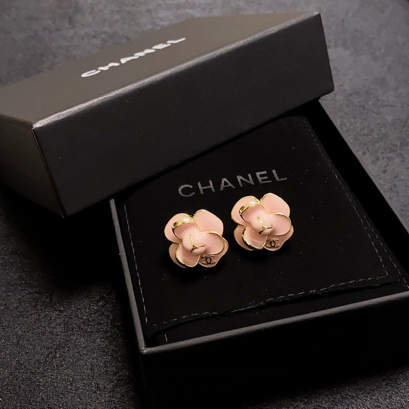 Chanel Red & Pink Camellia Earrings - 18K Yellow Gold