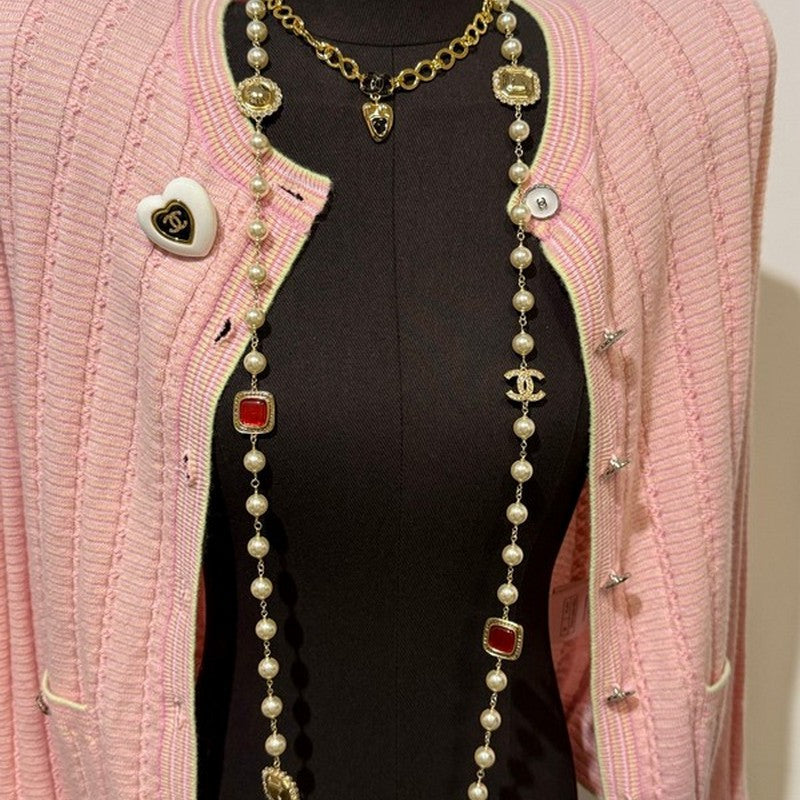 Chanel Long Pearl Red Crystal Necklace