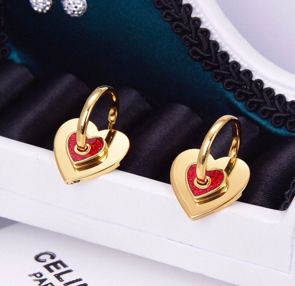 Celine Triomphe Red Heart Earrings - 18K Yellow Gold
