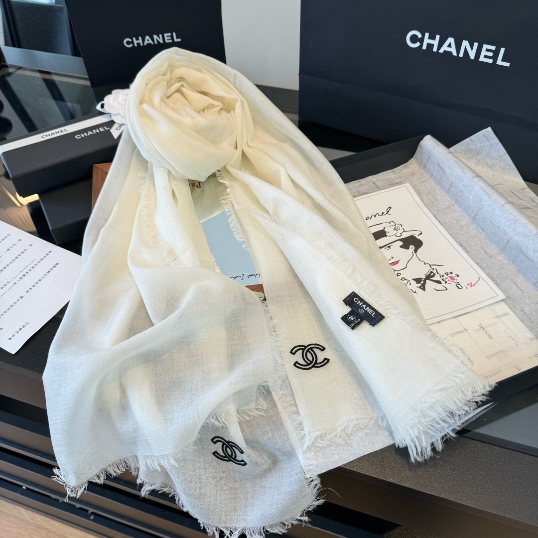 Chanel Ivory Fringed Cashmere Scarf — side