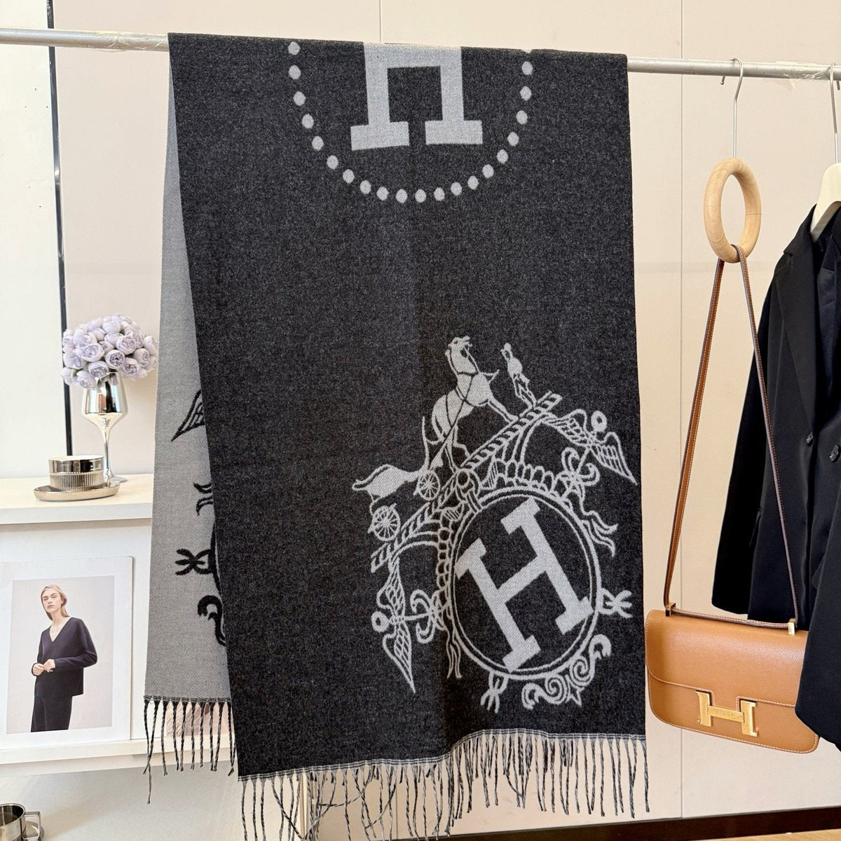 Fringed Knit Scarf with Ornamental Motif — front