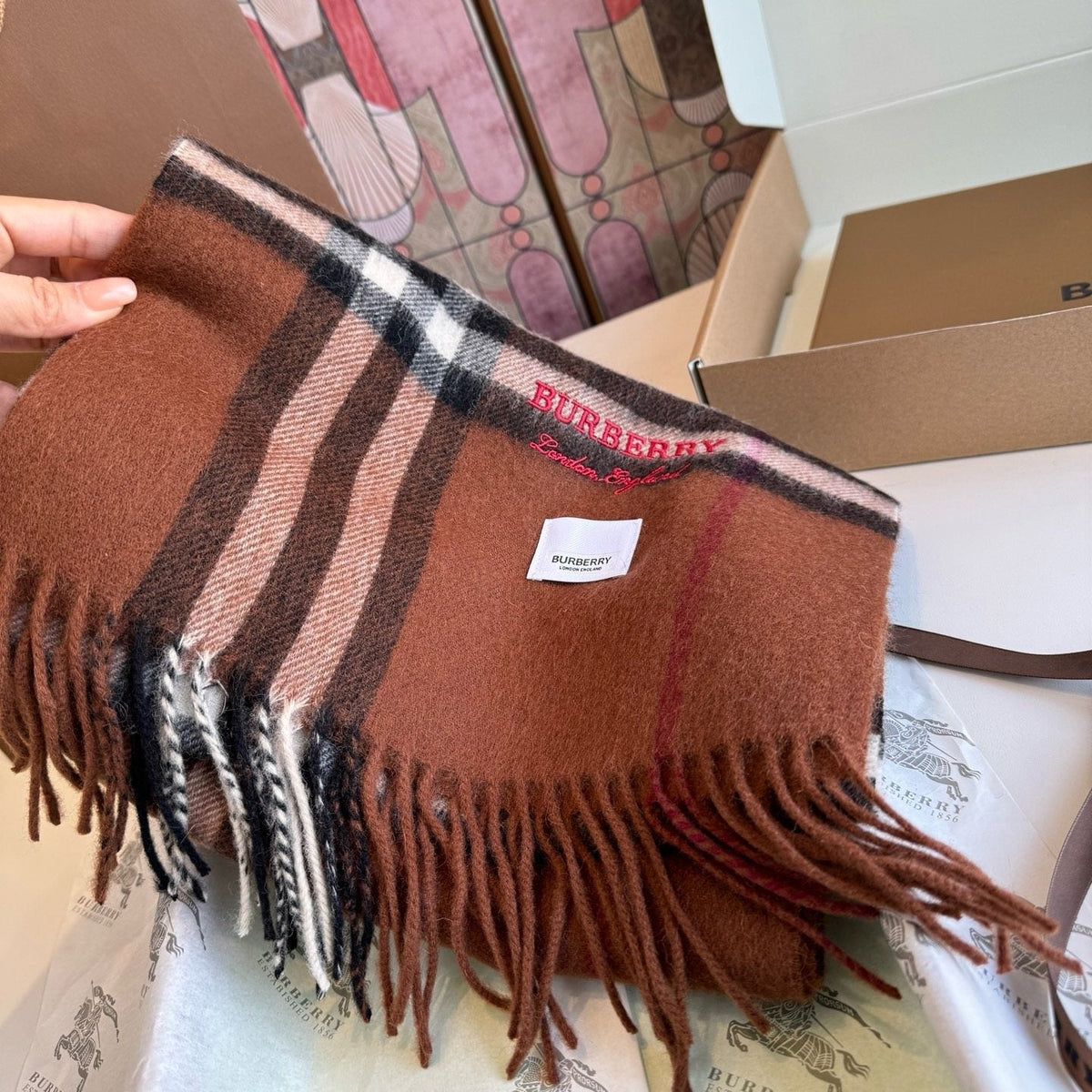 Burberry Brown Plaid Fringed Scarf — detail