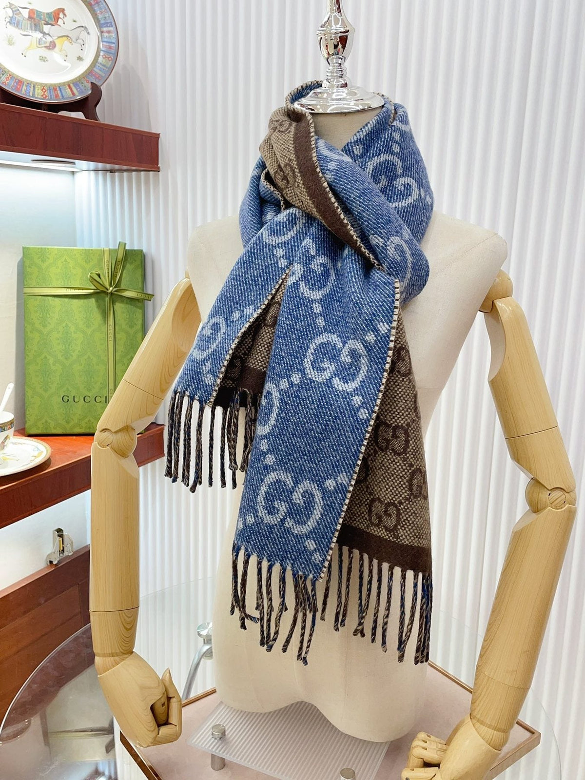Gucci Blue & Brown Reversible Fringed Scarf — model