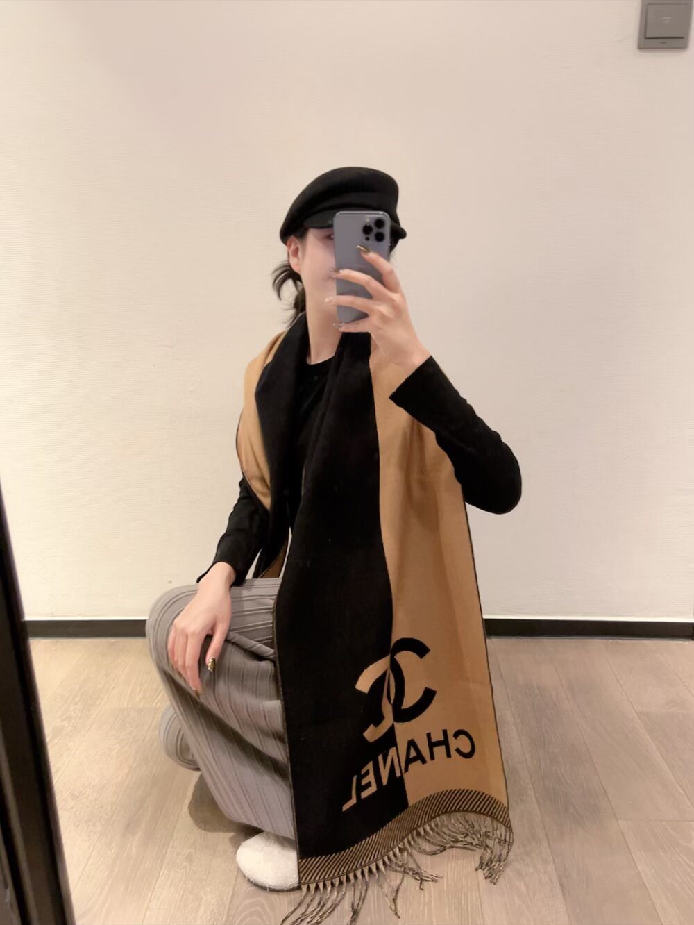 Chanel Logo Panel Fringed Scarf — model