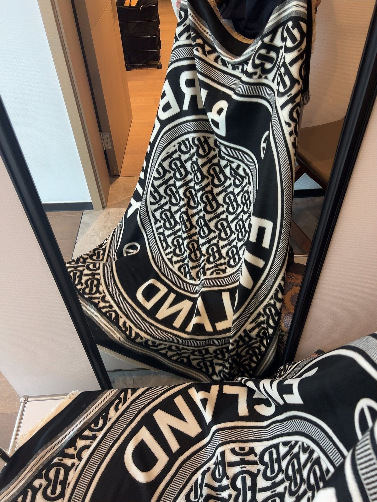 Burberry Black & Ivory Logo Square Scarf — front