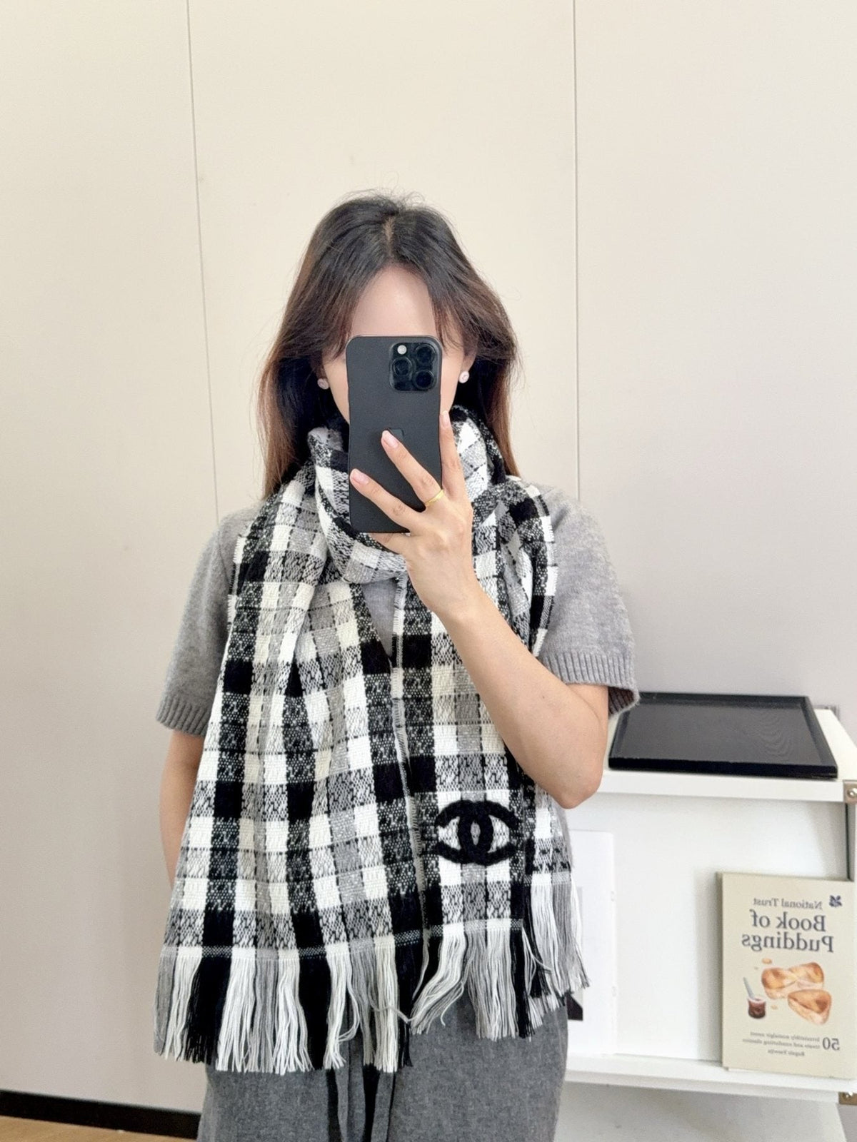 Chanel Checked Fringe Scarf — model