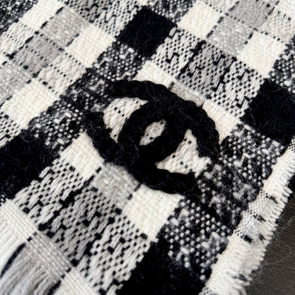 Chanel Black and White Plaid Fringed Scarf — detail