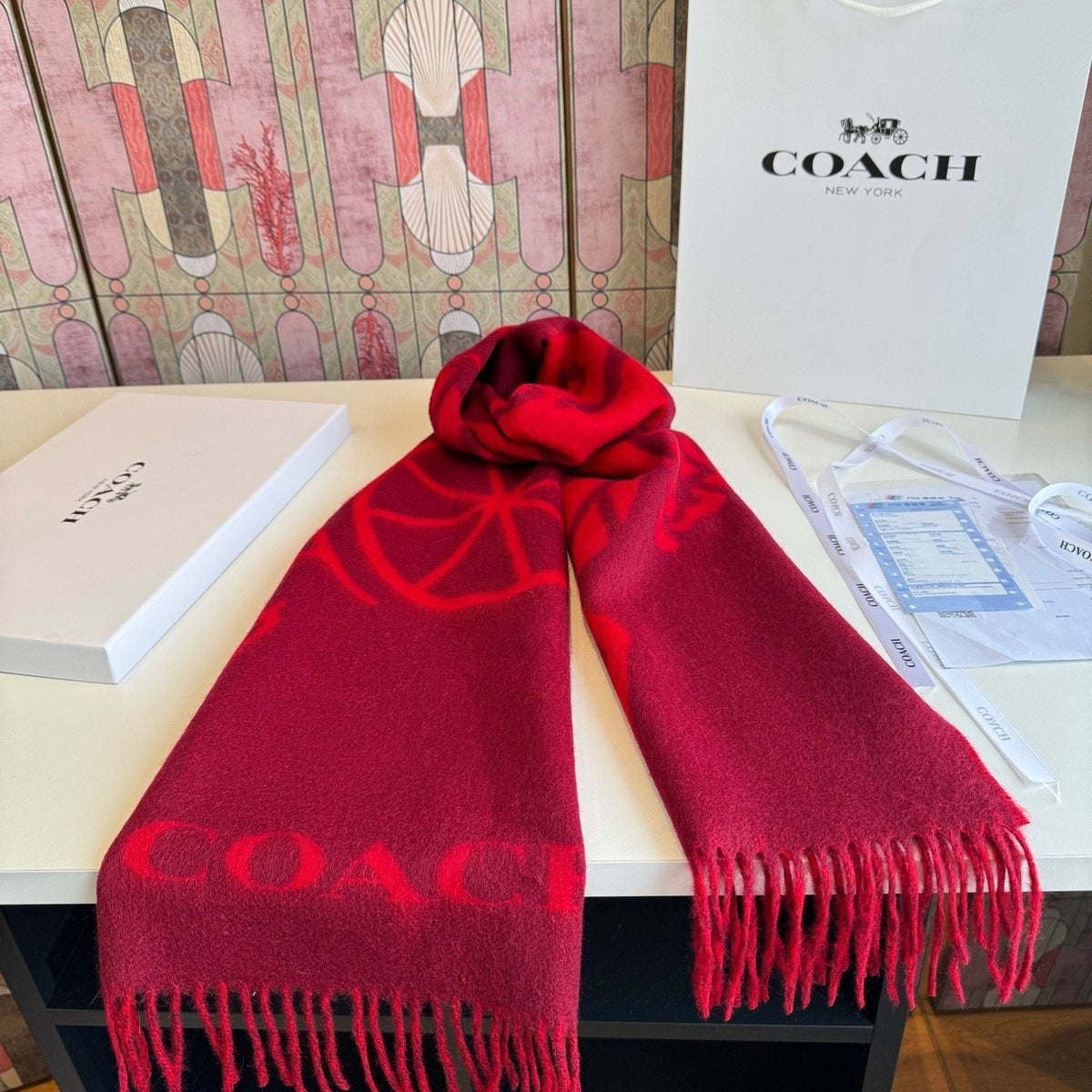 Coach Logo Fringed Wool Scarf — front