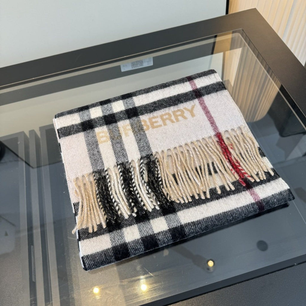 Burberry Beige Plaid Fringed Scarf — front