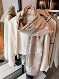 Pink-Beige Fringed Geometric Motif Scarf — front