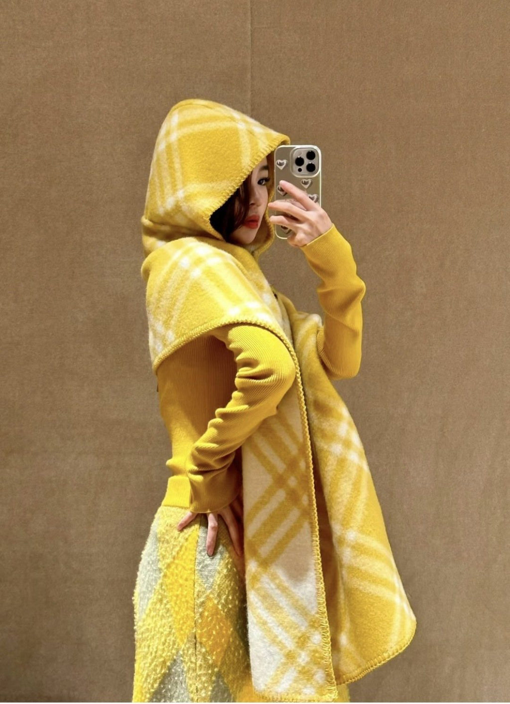 Plaid Hooded Scarf Wrap — model